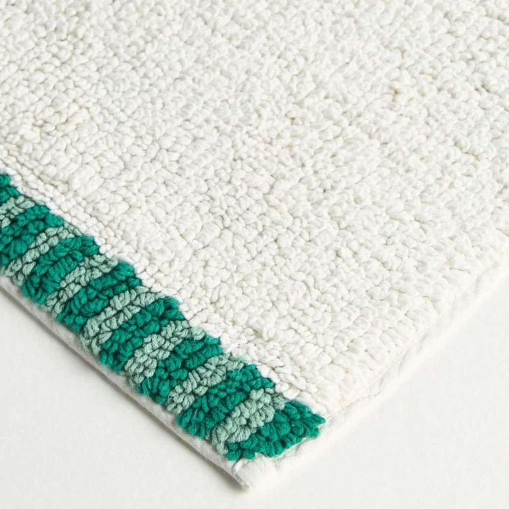 Anthropologie Monogram Embroidered Cotton Bath Mat -‎ White with Green Accents